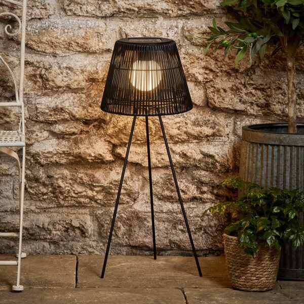 Black Wicker Solar Tripod Floor Lamp