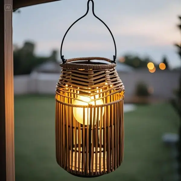 Chic Solar-Powered Rattan Lantern with Handle MS80581 - Image 2