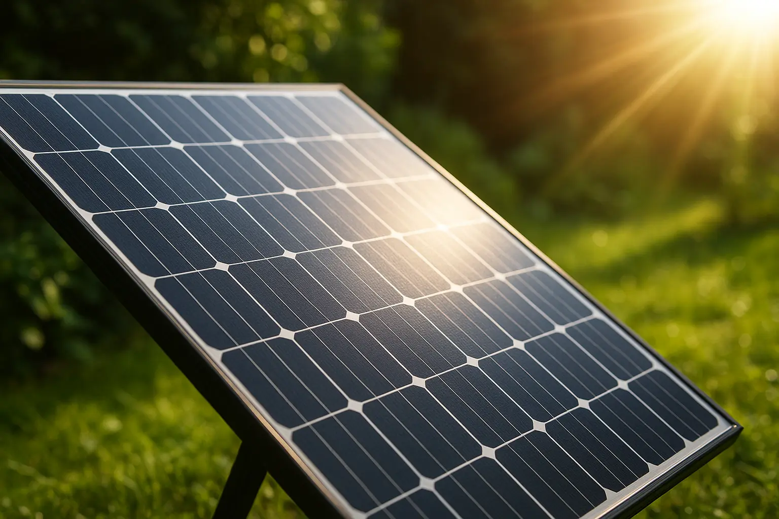 High-efficiency monocrystalline solar panel absorbing sunlight in a garden