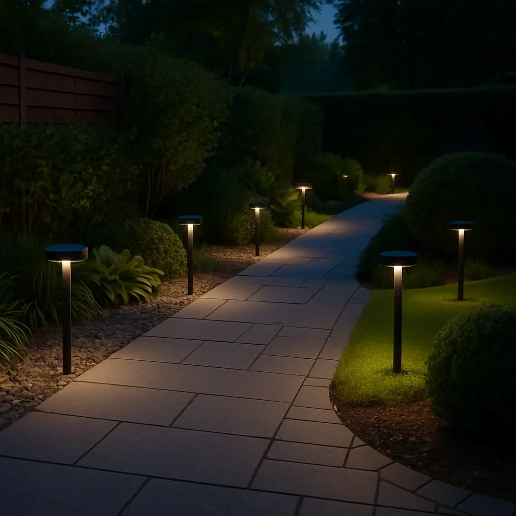 Modern outdoor landscape design with uniform solar pathway lights