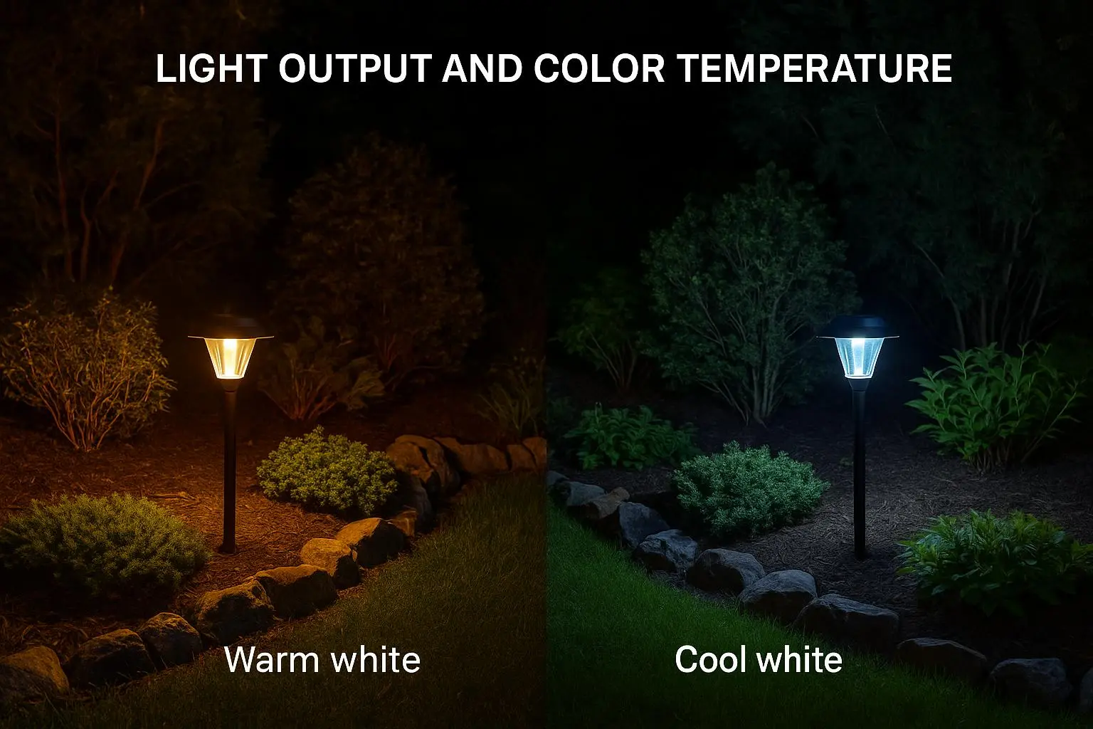 Warm and cool white solar yard lights illuminating a landscaped garden
