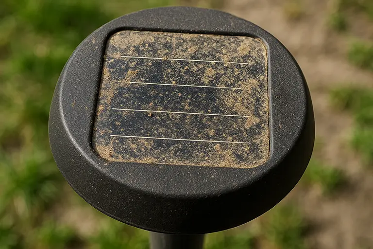 Close-up of a solar garden light panel with accumulated dust and dirt on its surface