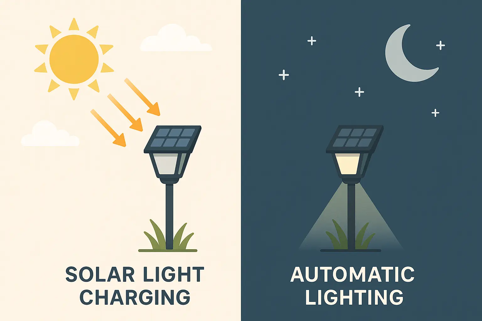 Diagram illustrating the process of solar light charging and automatic lighting