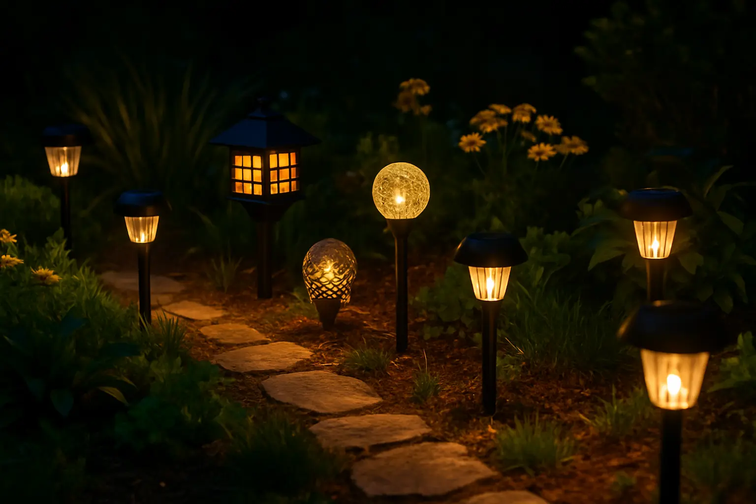 Solar garden lights illuminating a garden path and plants at night, creating a warm outdoor ambiance